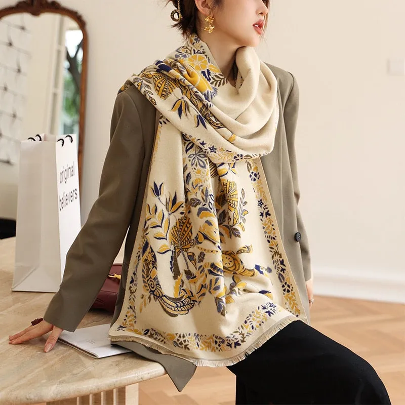 2021 Luxury Floral Print Women Winter Scarf Pashmina Shawl Lady Wraps Cashmere Thick Warm Scarves Female Bufanda Stoles