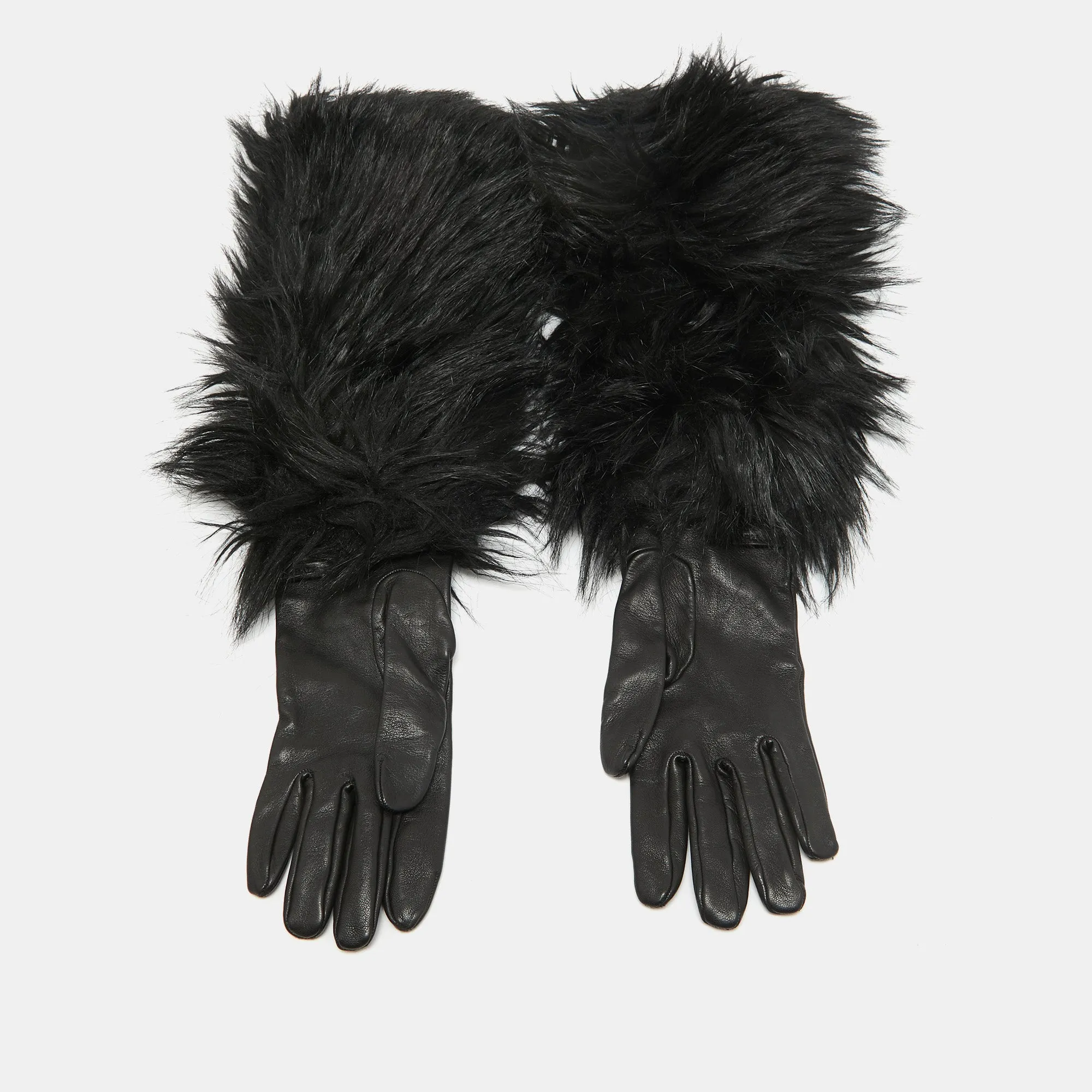 Black Faux Fur and Genuine Leather Gloves