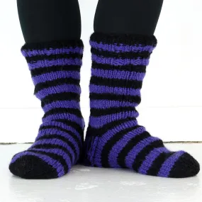 Chunky Wool Knit Fleece Lined Socks - Purple & Black