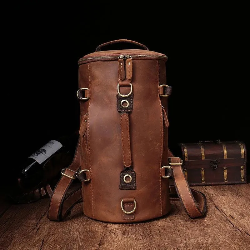 Crazy Horse Leather Bucket Daypack Large Male Travel Bag