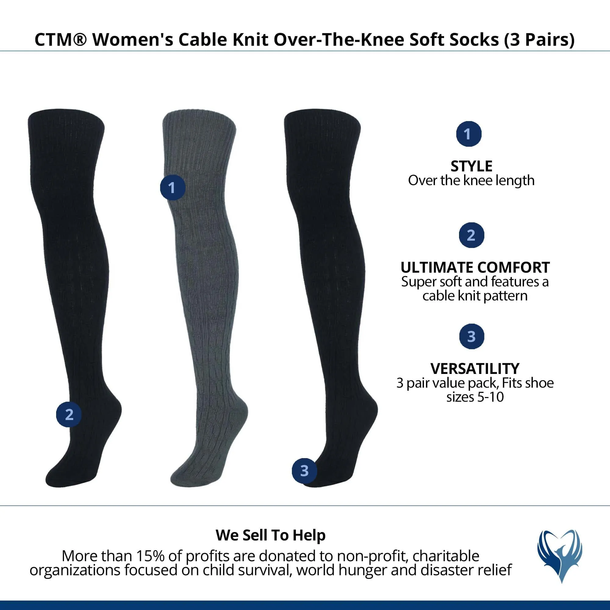 CTM® Women's Cable Knit Over-The-Knee Soft Socks (3 Pairs)