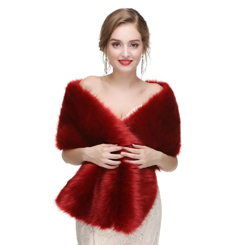 Great Gatsby 1920's Bridal Wedding Faux Fur Shawl Wrap - Burgundy