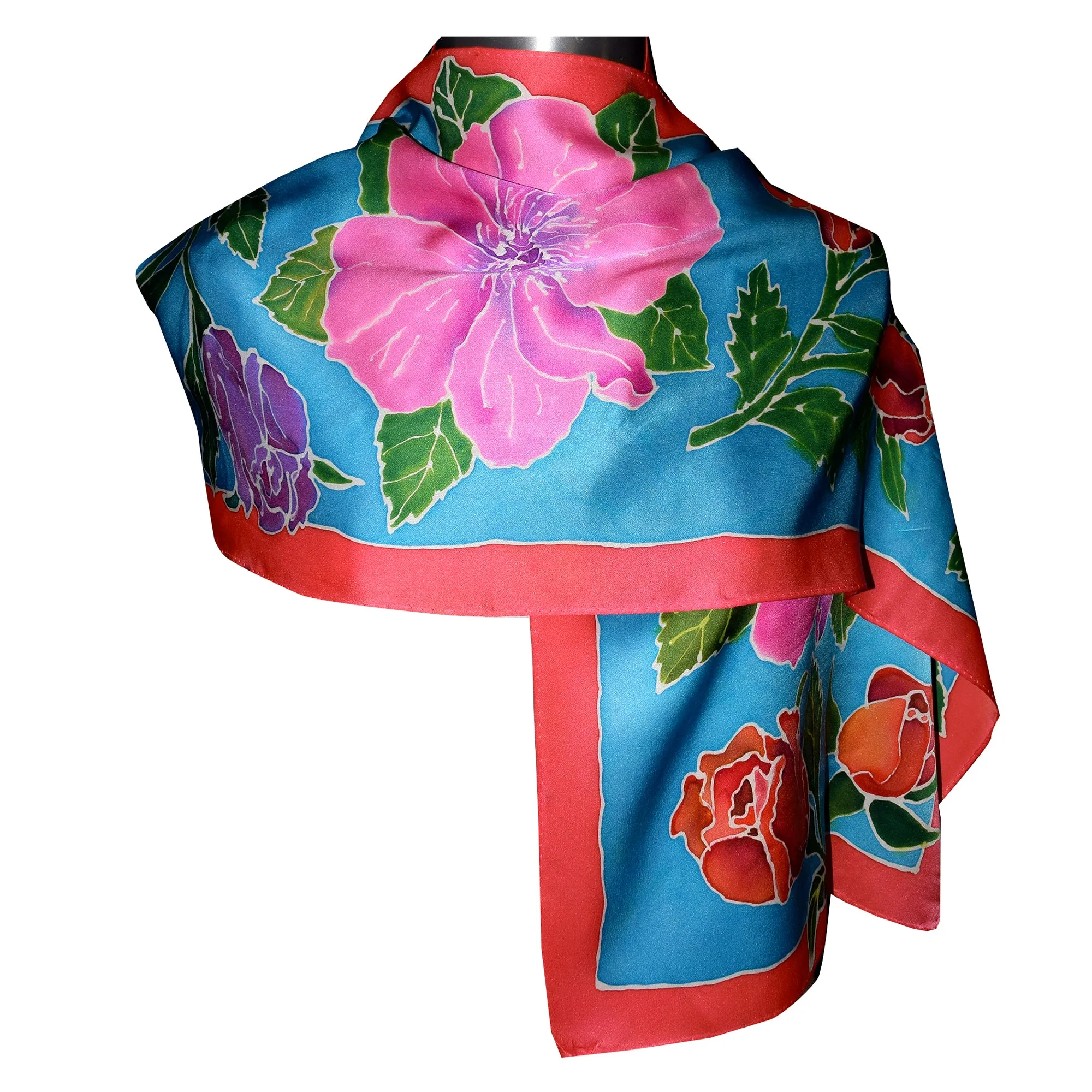 Hand Painted Rose Motif Crepe de Chine Silk Scarf/Shawl