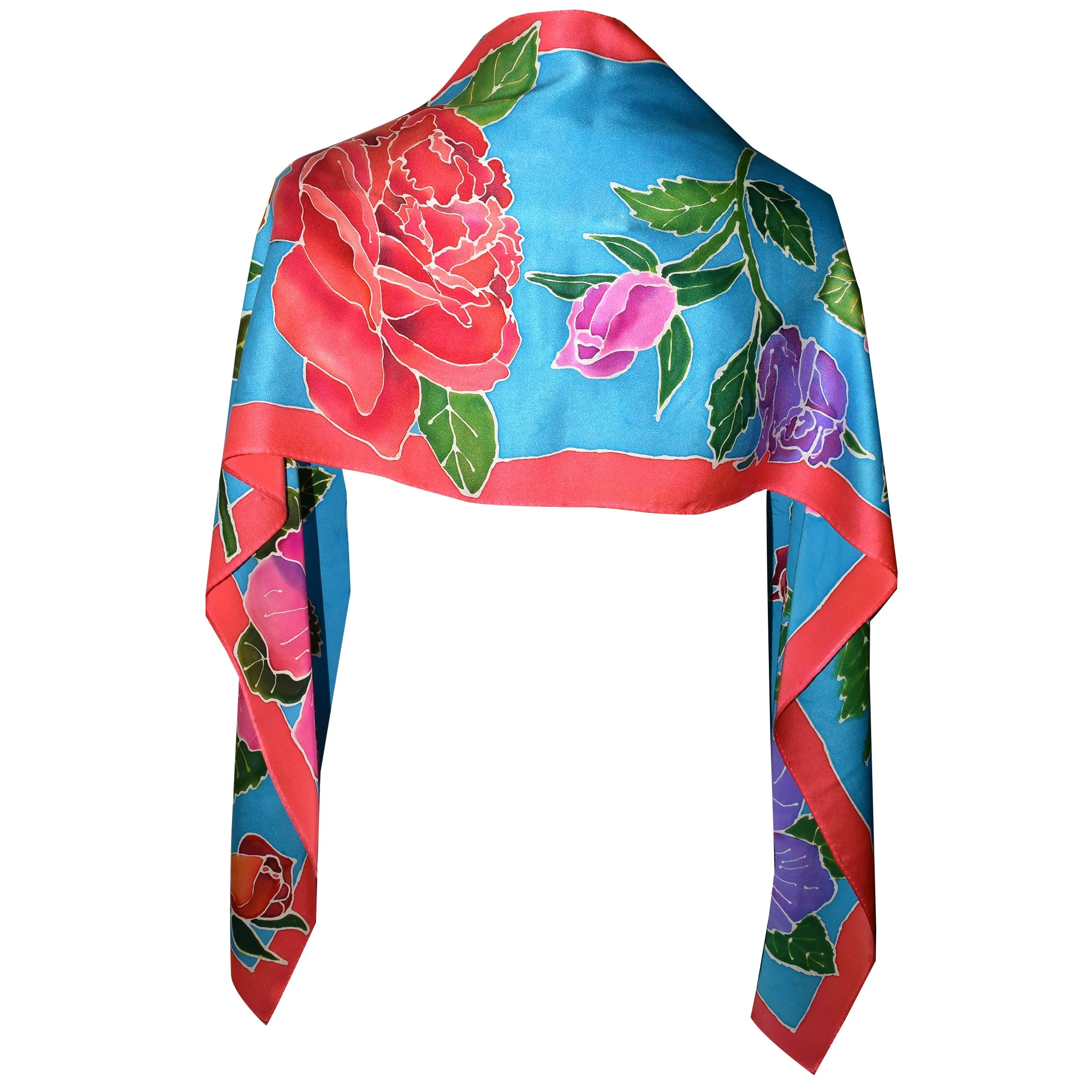 Hand Painted Rose Motif Crepe de Chine Silk Scarf/Shawl