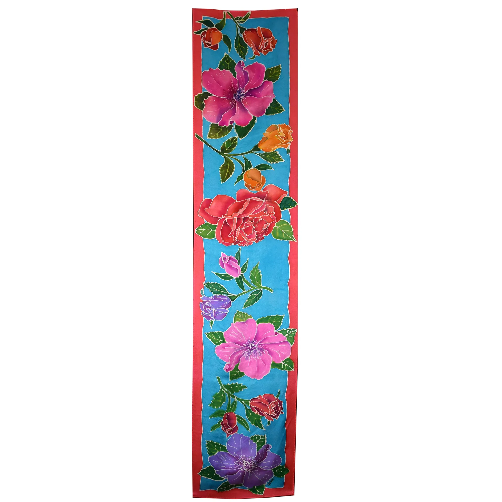 Hand Painted Rose Motif Crepe de Chine Silk Scarf/Shawl