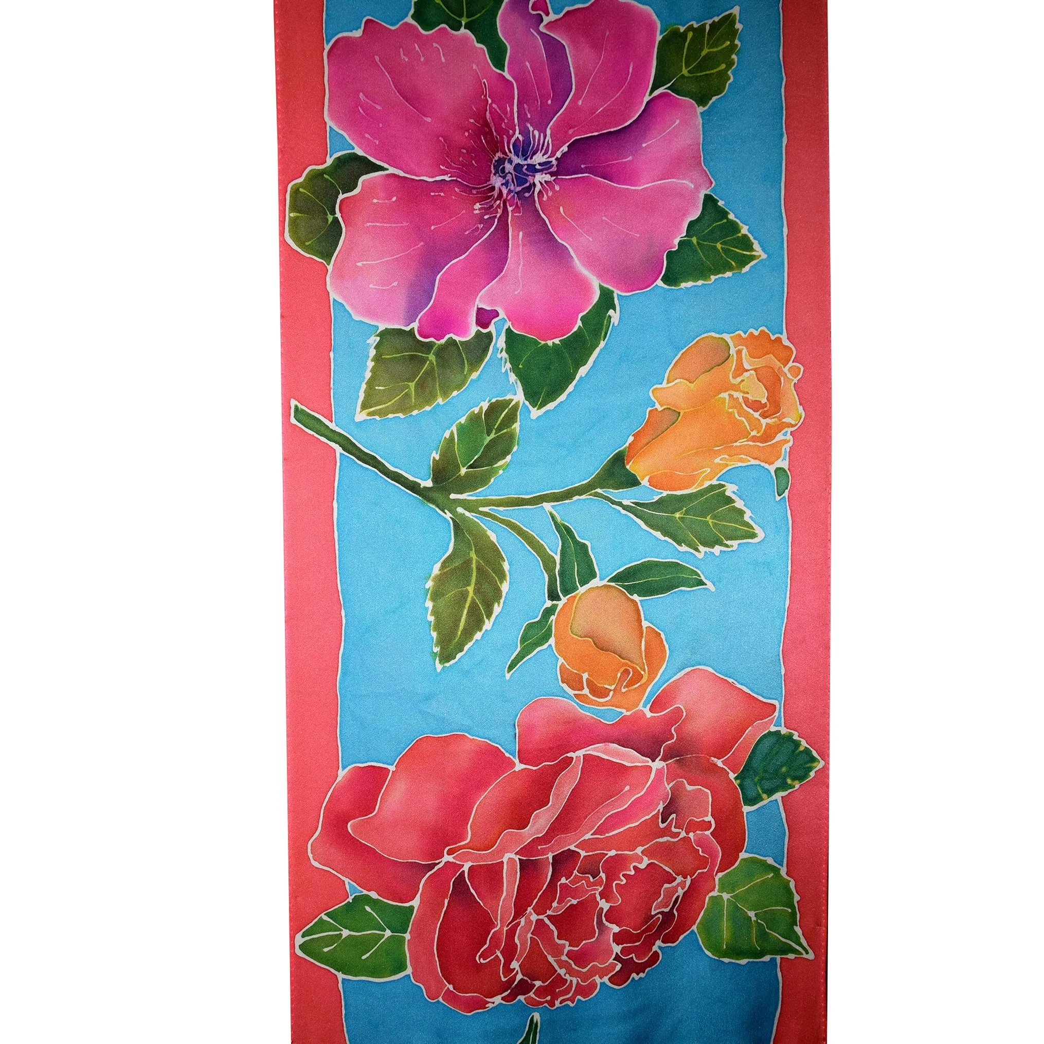 Hand Painted Rose Motif Crepe de Chine Silk Scarf/Shawl