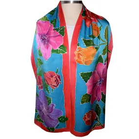 Hand Painted Rose Motif Crepe de Chine Silk Scarf/Shawl