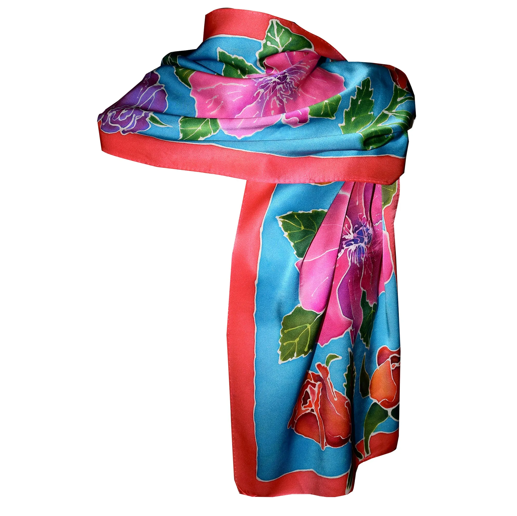 Hand Painted Rose Motif Crepe de Chine Silk Scarf/Shawl