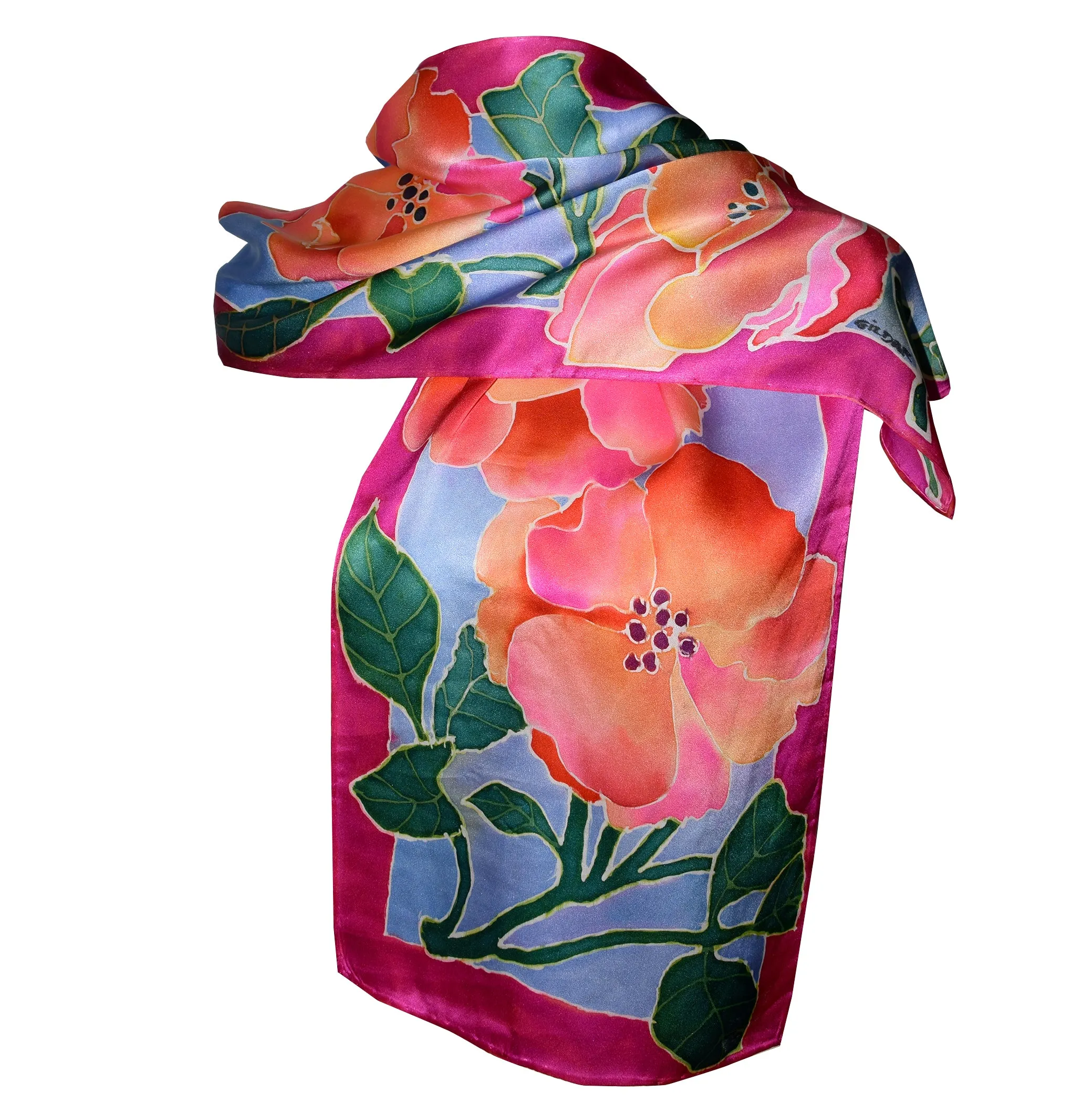 Hand Painted Roses on Blue Charmeuse Silk Scarf