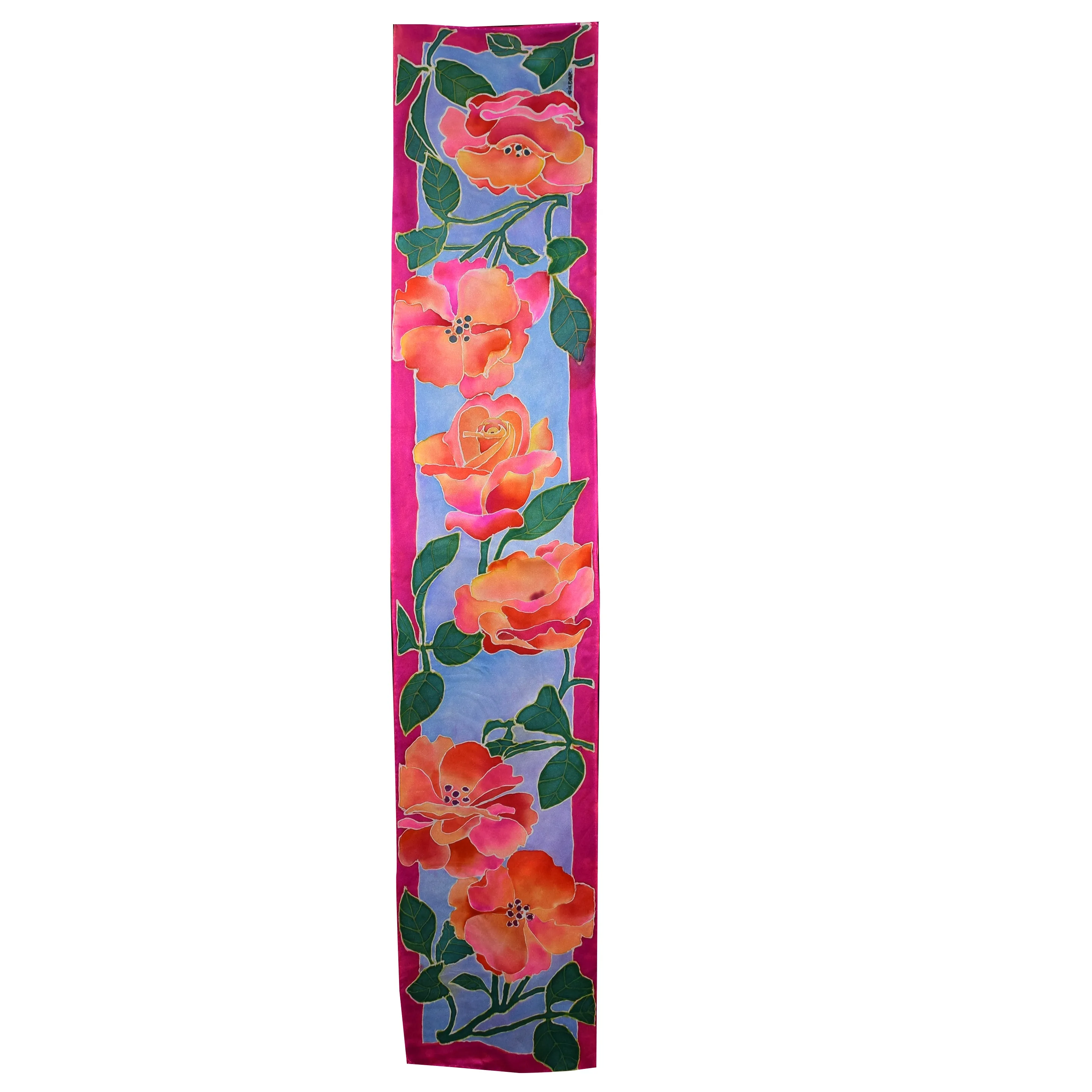 Hand Painted Roses on Blue Charmeuse Silk Scarf