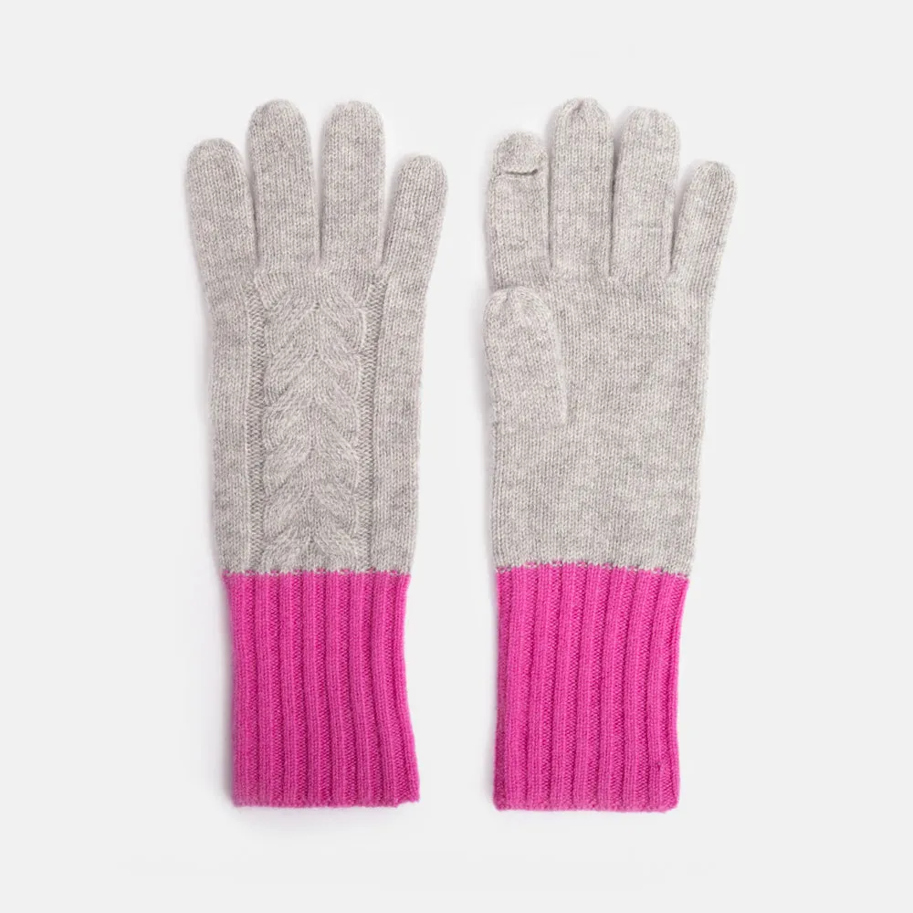 Light Grey/Bright Pink Cashmere Cable Knit Gloves