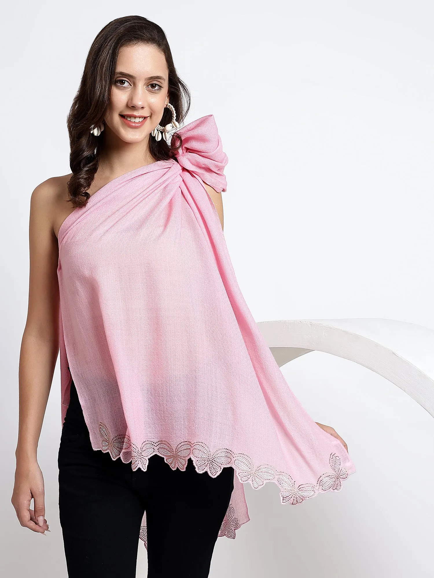 Pink shawl for dress with swarovski butterflies cutwork border