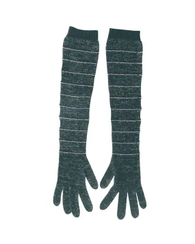 Prada Striped Long Knitted Gloves in Green Wool Blend