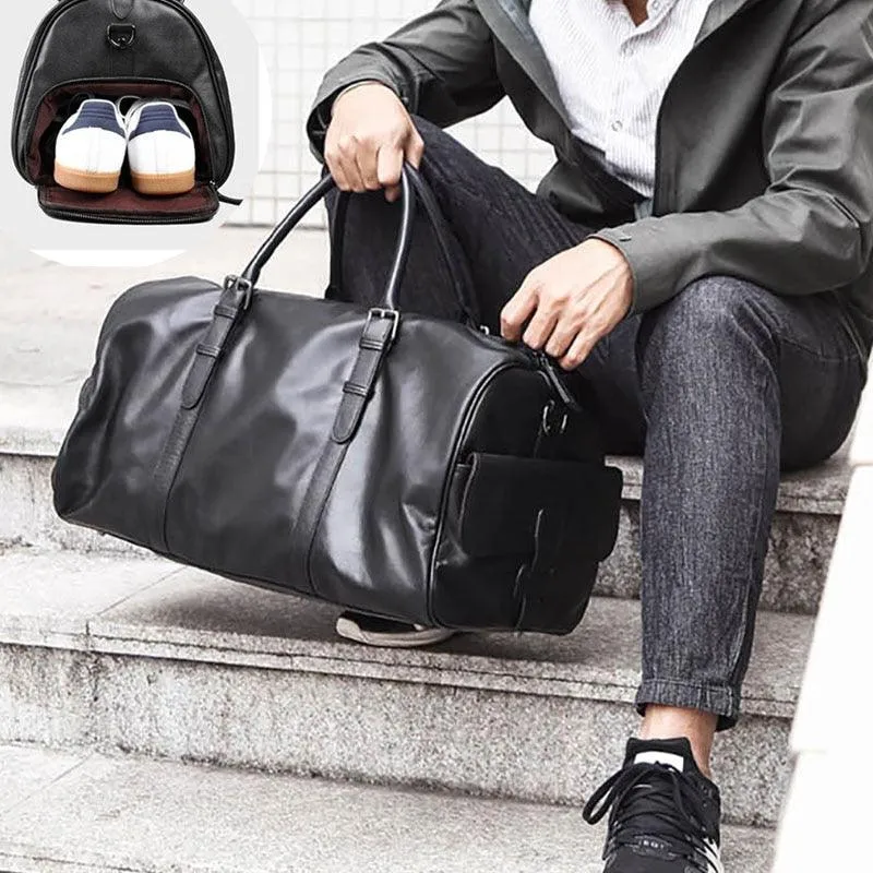 Soft Genuine Leather Travel Black Duffel Bag