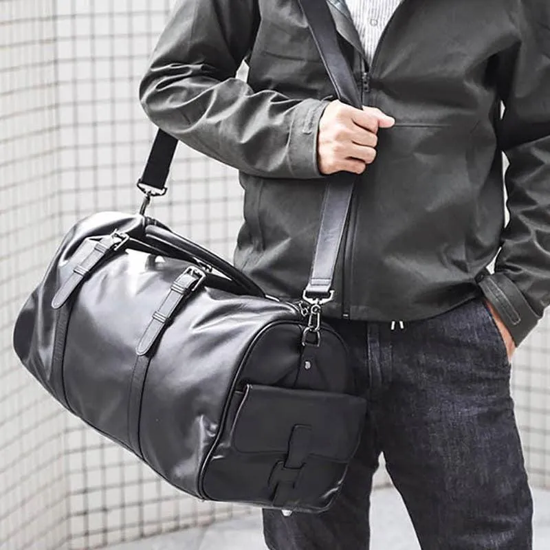 Soft Genuine Leather Travel Black Duffel Bag