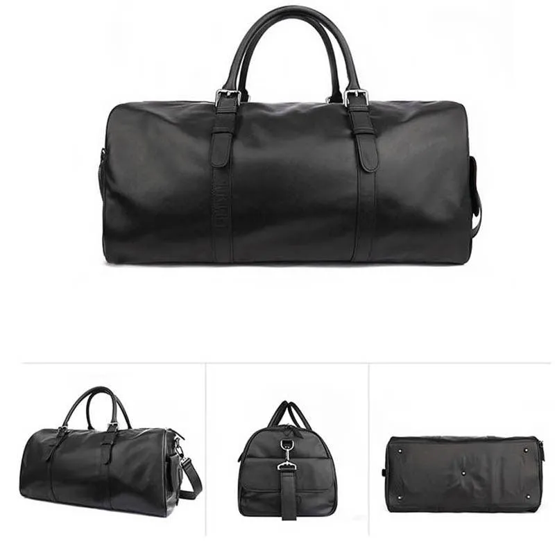 Soft Genuine Leather Travel Black Duffel Bag