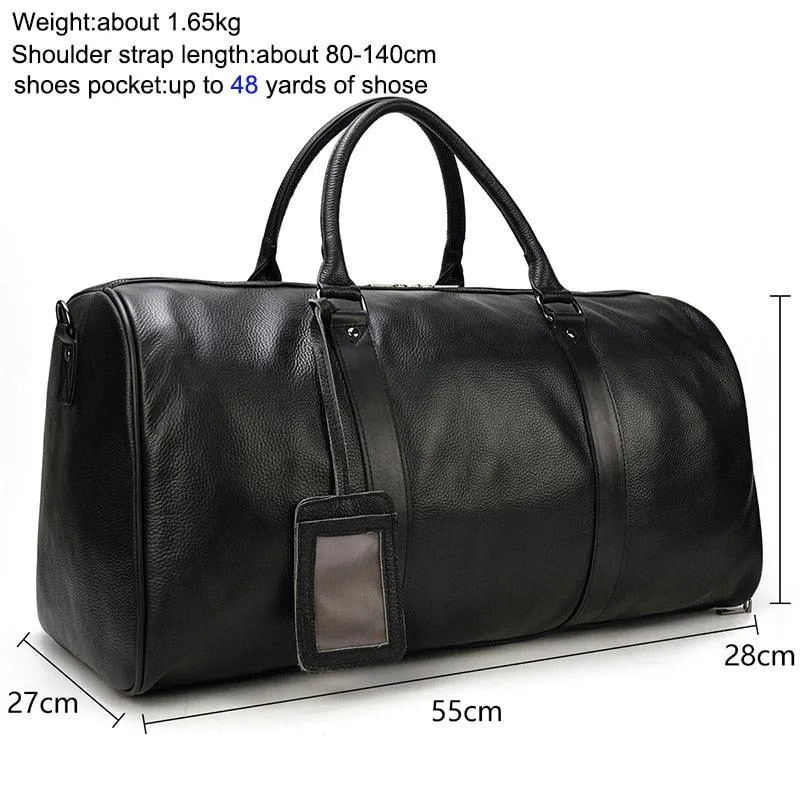 Soft Genuine Leather Travel Black Duffel Bag